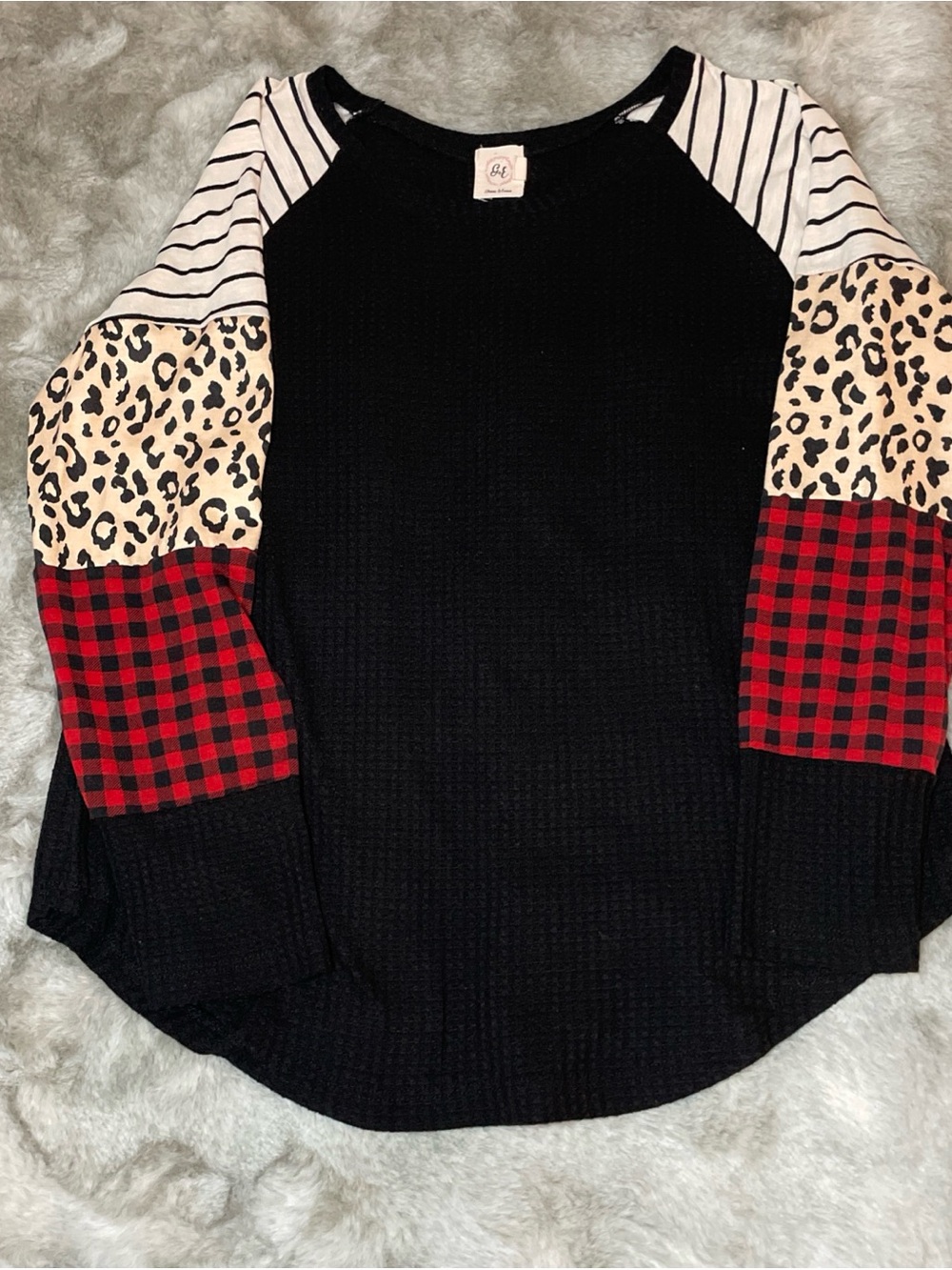 Grace & Emma Womens XL Black Cotton Blend Patchwork Sleeve Tee Shirt Casual-0273